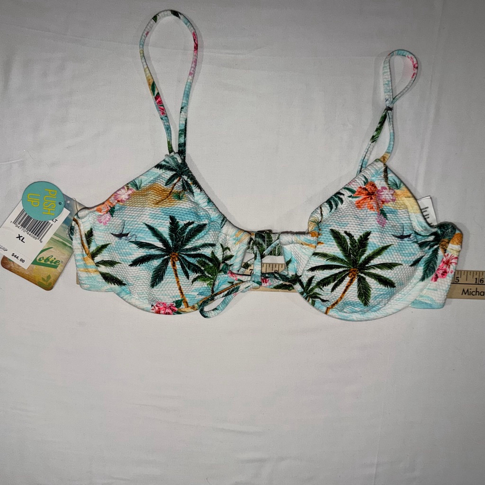 NWT Hobie Tropical Palm Tree Push Up Bikini Top XL Strappy Coastal Surf Hibiscus - Picture 3 of 9